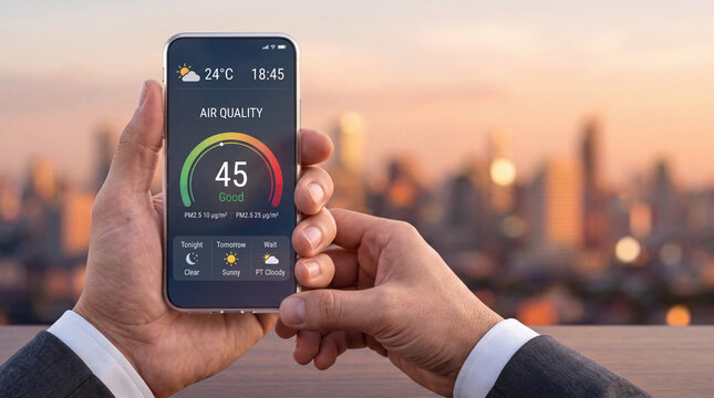 Businessman holding a modern smartphone displaying a real-time air quality index app with a good pollution level rating against a blurred sunset city skyline background