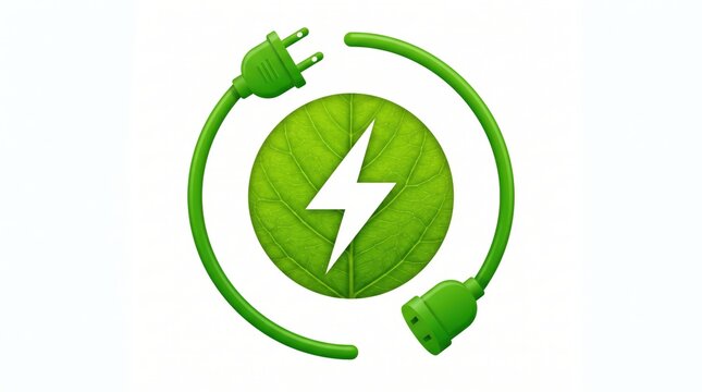 Green energy concept with electric plug and leaf symbol.