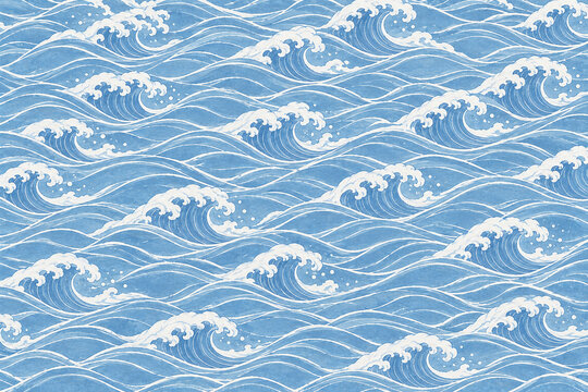 A Japanese-inspired wave pattern featuring layered blue and white waves, delicate foam, and flowing lines, creating a calm, elegant, rhythmic background with traditional ukiyo-e aesthetics.
