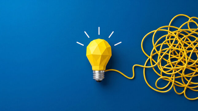 Conceptual representation of finding a simple solution to a complex problem, featuring a glowing yellow low-poly light bulb connected to a tangled cord on a clean minimalist blue background.