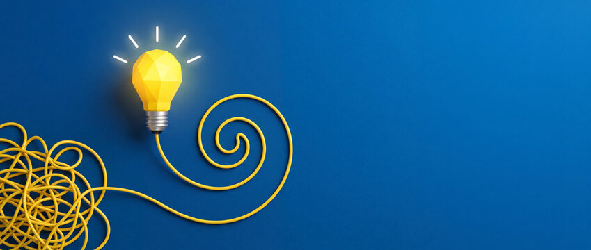 Creative glowing low poly light bulb with yellow cable untangling from a messy knot into a smooth spiral on a blue background, representing problem solving, innovation, and conceptual breakthrough.