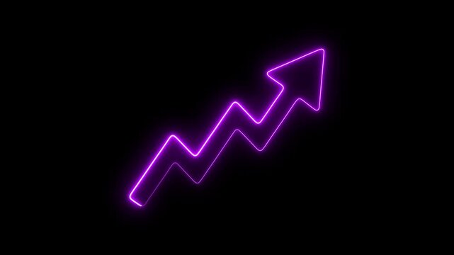 Neon purple growth arrow sign glowing on black background, financial success and business progress concept