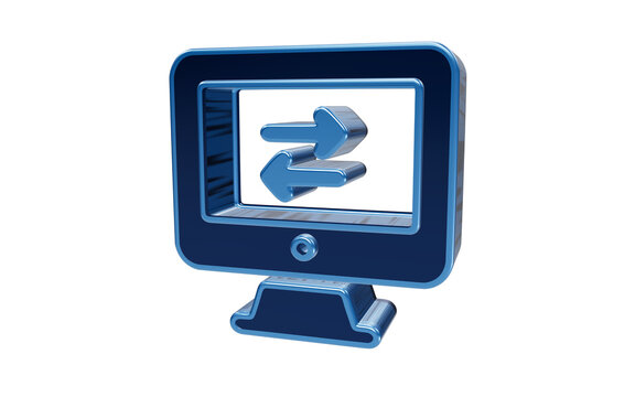 Modern blue 3D computer monitor display icon with exchange arrows on transparent background