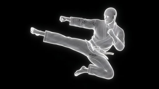 Martial artist performing high kick in action pose
