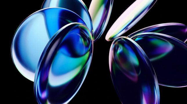 Floating iridescent glass discs against a dark black background