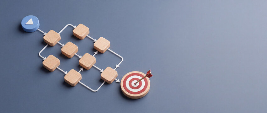 Business process automation and strategy concept represented by a flowchart of wooden blocks and white arrows leading to a red bullseye target for achieving goals and optimization on grey background.