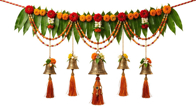 Decorative indian toran with bells and floral accents isolated on transparent background