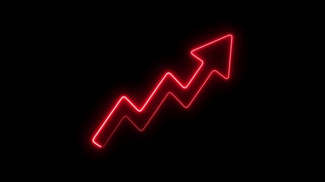 Neon red zigzag arrow rising up, financial growth and success concept, digital business analytics glowing stock market trend indicator, minimalist abstract motion background