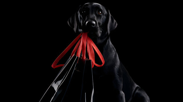 Banner for the Black Friday sale. A Black Labrador sits on a black background, holding shopping bags with red handles in its mouth. Special offer and discount available. Super seasonal sale