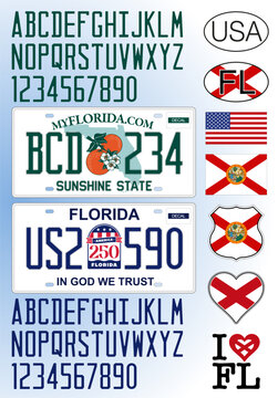 Florida License car plate pattern design 2026, 250th anniversary, with numbers, letters and symbols, United States of America, vectorized illustration