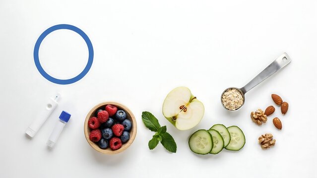 Diabetes management supplies with healthy food flat lay on white background