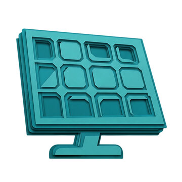 A three dimensional teal icon representing a modern solar panel for sustainable energy production.