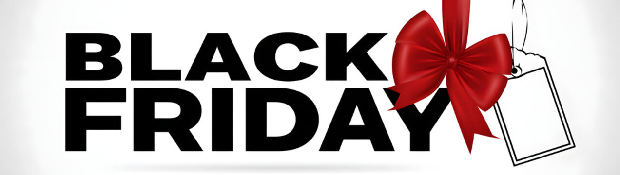 A black text design template for the black friday sale featuring a decorative red bow and price tag illustration. Vector format.