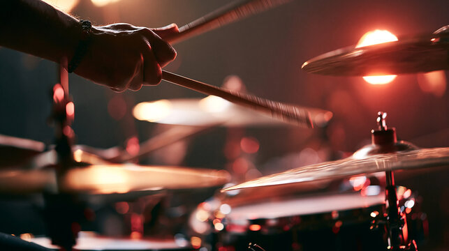 Close-up of Hands Gripping Drumsticks above Drum Kit