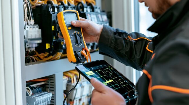 Industrial workers using clamp meter to measure electrical current while engineer adjusts heating system parameters on tablet computer in factory, workplace safety and industrial technology