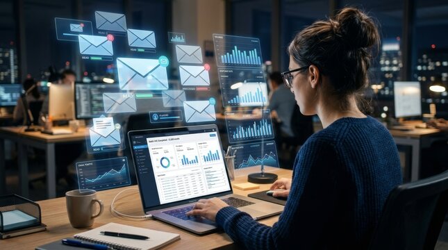 Over the shoulder perspective of a professional woman working on a laptop in a modern office at night, surrounded by holographic email icons and digital data charts for business communication.
