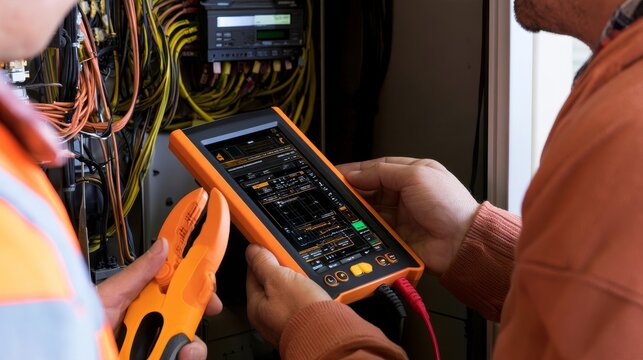 Industrial workers using clamp meter to measure electrical current while engineer adjusts heating system parameters on tablet computer in factory, workplace safety and industrial technology