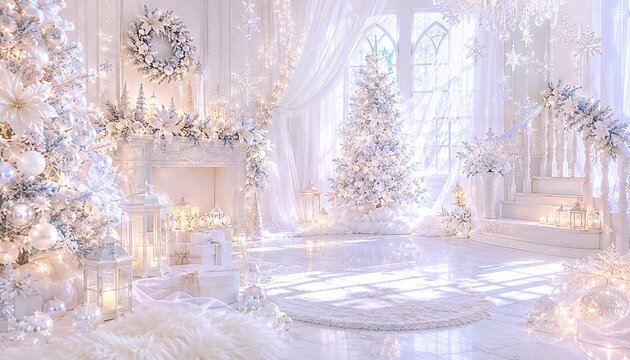 Elegant white Christmas interior with decorated trees and snowflakes