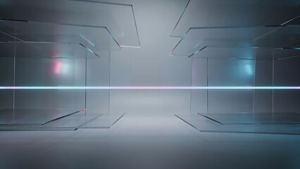 Obraz premium A futuristic empty hall with minimalist architecture and glowing neon lights creating a clean sci fi aesthetic perfect for modern technology product displays and backgrounds