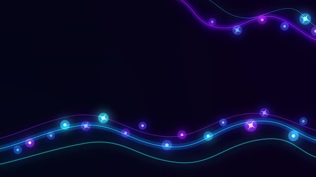 Abstract motion graphic with glowing neon lines and icons on dark background, digital data stream
