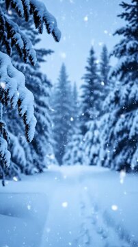 snowfall in serene winter forest with snow covered pine trees and soft light