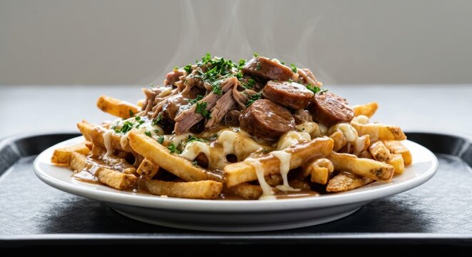 Delicious steaming poutine fries topped with slow-cooked pulled meat, sliced sausages, rich brown gravy, melting cheese curds, and fresh herbs served on a white plate.
