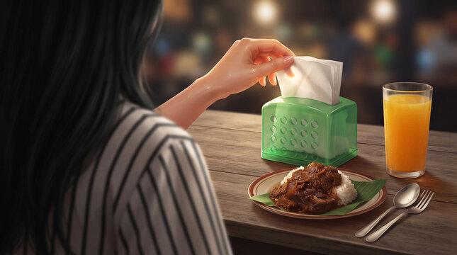 Woman reaching for a paper napkin from a green box after eating beef rendang.