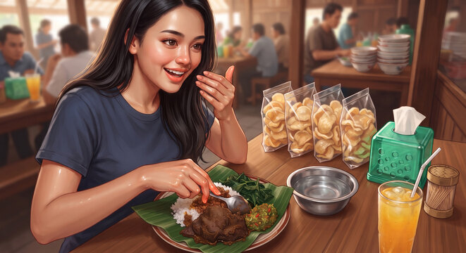 Beautiful Asian woman enjoying authentic Indonesian beef rendang rice at local traditional restaurant.