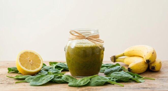Healthy Homemade Green Smoothie in a Glass Jar with Straw Bow Ribbon Surrounded by Fresh Organic Spinach Leaves Half Lemon and Ripe Bananas on Rustic Wood Surface Background Healthy Diet Concept