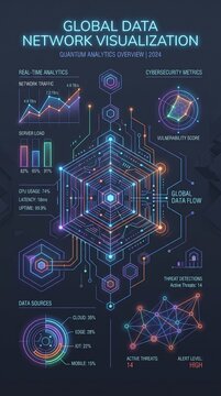 Futuristic hexagonal cybersecurity and quantum analytics infographic dashboard displaying global data network telemetry metrics
