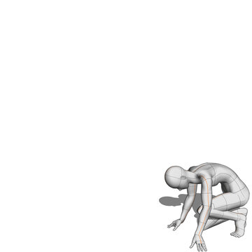 3D render of featureless female mannequin in low crouching pose side view isolated on white background. Artistic anatomy figure with grid lines and orange joint lines for figure drawing reference,