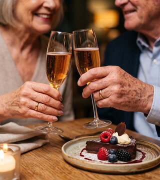 Older couple celebrating a romantic dinner with a berry dessert and sparkling non-alcoholic beverage, shown through a warm close-up of their hands and touching glasses.