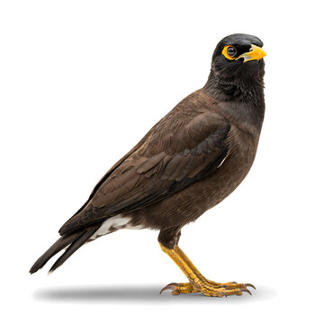 Common Myna bird illustration, realistic brown starling with yellow beak and eye patches, isolated avian wildlife on white background