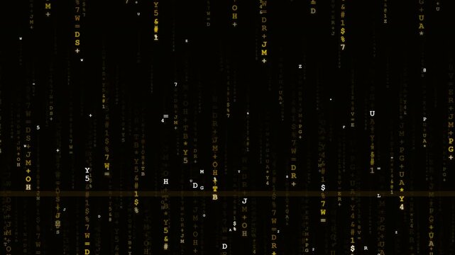 Abstract Golden Digital Code Rain Falling on Black Background