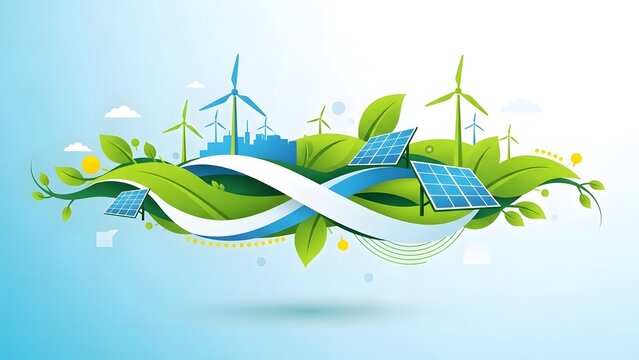 Renewable green energy concept illustration featuring wind turbines solar panels and eco leaves infinity wave