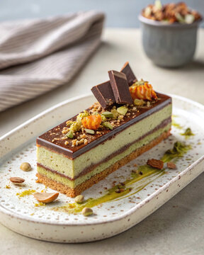 Photorealistic pistachio apricot opera cake with almond sponge, ganache, dark chocolate glaze and praline accents