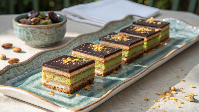 Photorealistic pistachio apricot opera cake slices with thin almond sponge, ganache, chocolate glaze and praline on stone