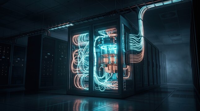 A futuristic high performance quantum computer server rack glows with vibrant neon blue and orange fiber optic cables inside a dark modern data center facility representing advanced AI tech