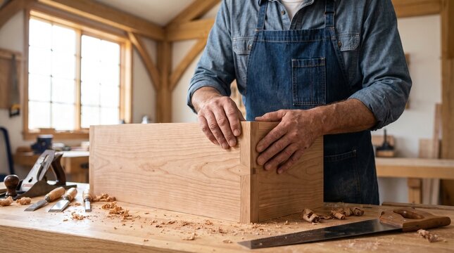 Carpenter Assembling Custom Wooden Box in Carpentry Workshop