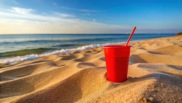 A bright red plastic cup with straw sat alone on the sandy beach abandoned and forgotten by summers warmth