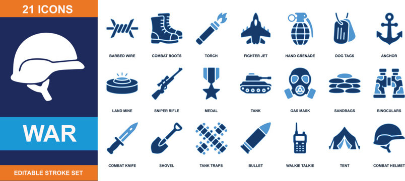 War icons vector set featuring editable stroke military elements like helmet combat boots and tank for defense strategy design
