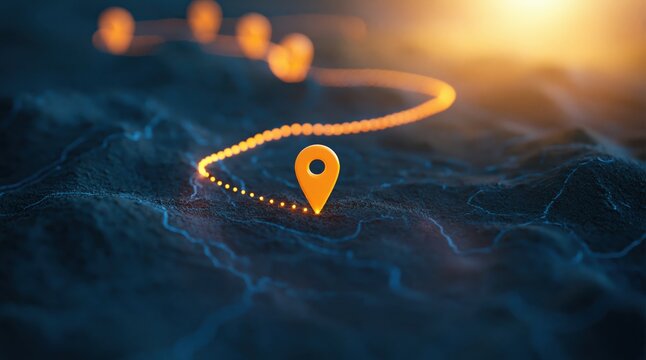 Path with a glowing pin showing a travel destination and gps navigation location