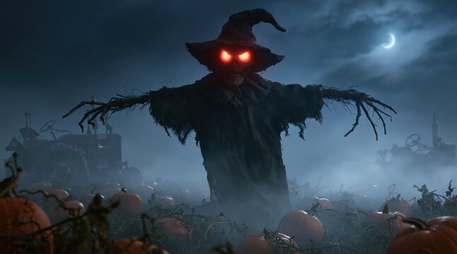 Scarecrow with glowing red eyes in a spooky halloween field under a dark night moon