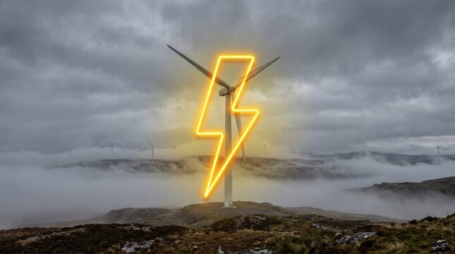 Wind turbine generating electricity with a glowing yellow lightning bolt symbol representing sustainable green energy.