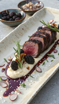Photorealistic vertical venison with blackberry juniper crust, parsnip puree, caramelized onions and red wine jus