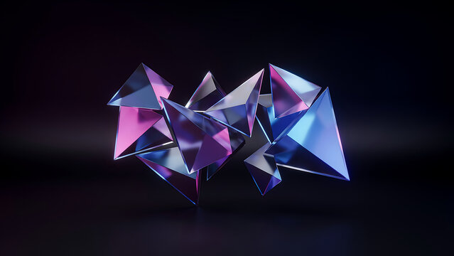 Abstract 3d render of a futuristic crystalline structure with iridescent purple and blue surfaces floating against a deep dark background for modern digital art concepts