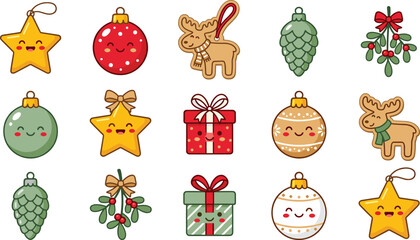 Fototapeta premium Cute Kawaii Christmas Ornament Icon Set with Smiling Bauble Star Gift Box Pinecone Gingerbread Moose and Mistletoe for Holiday Cards