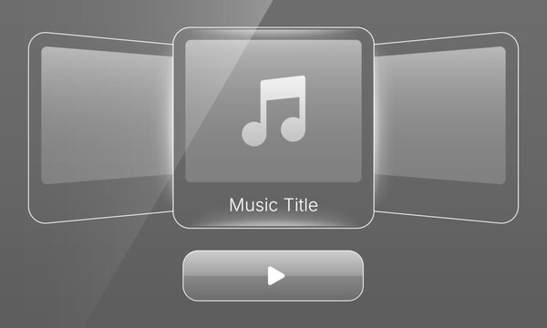 Glassmorphism music player carousel UI mockup showing album cover flow and play button