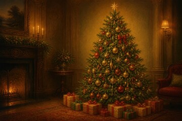 Fototapeta premium Elegant Christmas tree glowing in a cozy vintage living room