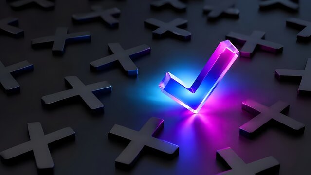 Glowing neon check mark standing out from a crowd of dark cross symbols on a reflective surface representing the right choice and validation